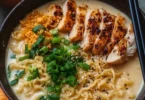 Bowl of creamy garlic chicken ramen topped with green onions and herbs.