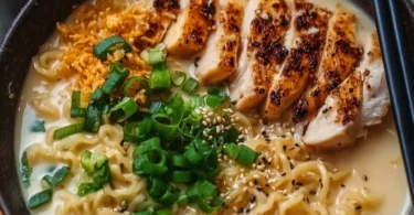 Bowl of creamy garlic chicken ramen topped with green onions and herbs.