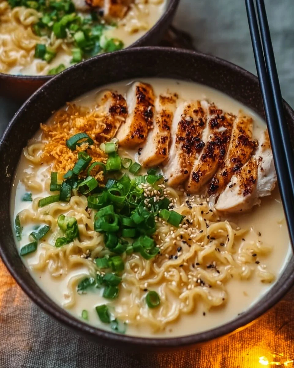 Bowl of creamy garlic chicken ramen topped with green onions and herbs.