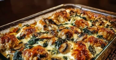 Creamy low carb chicken spinach and mushroom bake dish on a plate