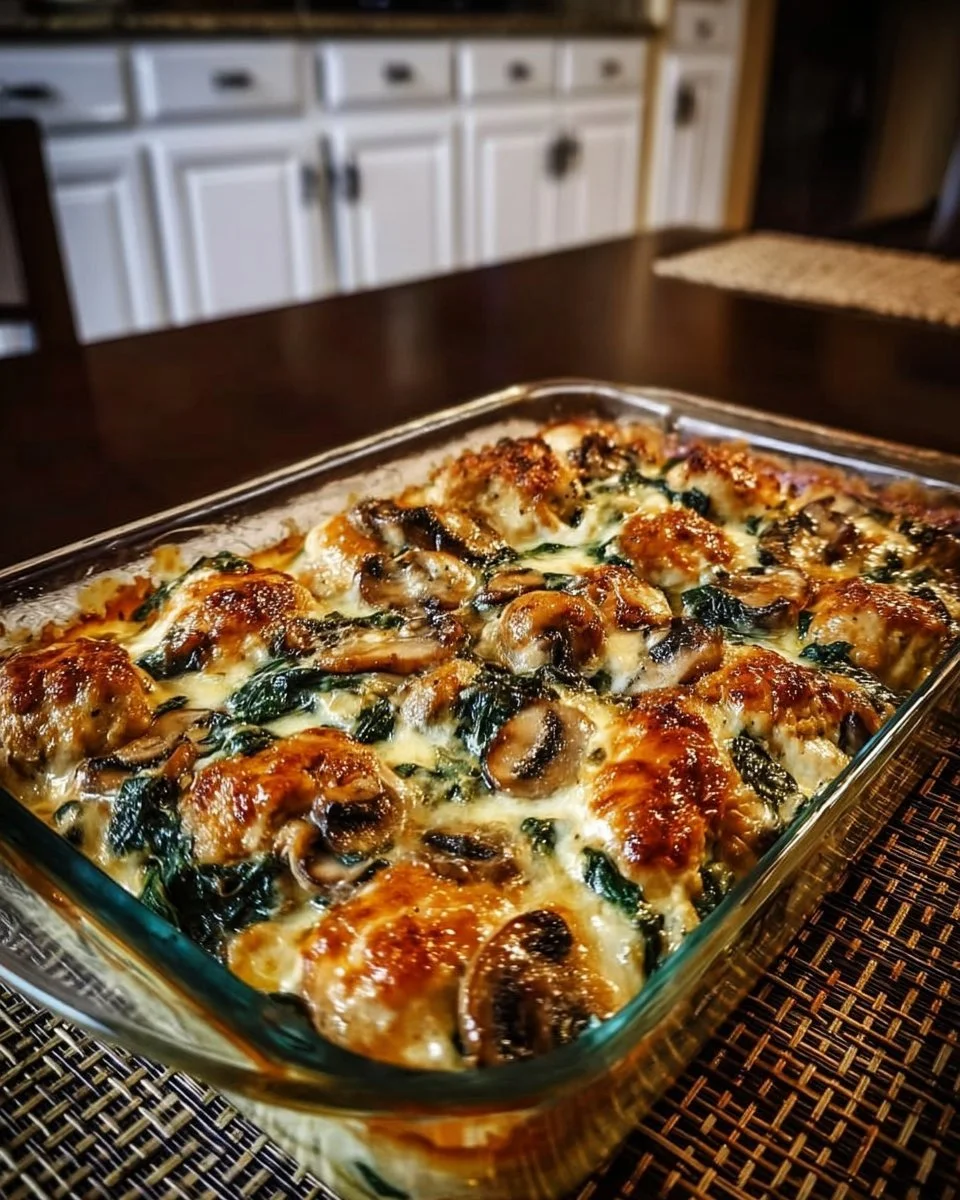 Creamy low carb chicken spinach and mushroom bake dish on a plate