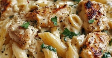 Creamy ricotta chicken pasta served in a bowl garnished with herbs.
