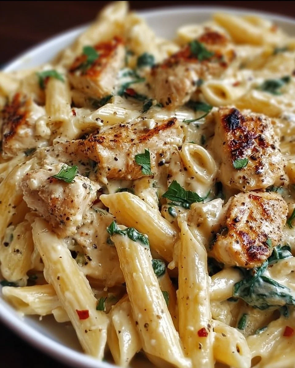 Creamy ricotta chicken pasta served in a bowl garnished with herbs.