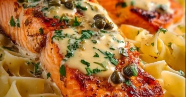 Creamy salmon piccata featuring lemon and capers on a white plate