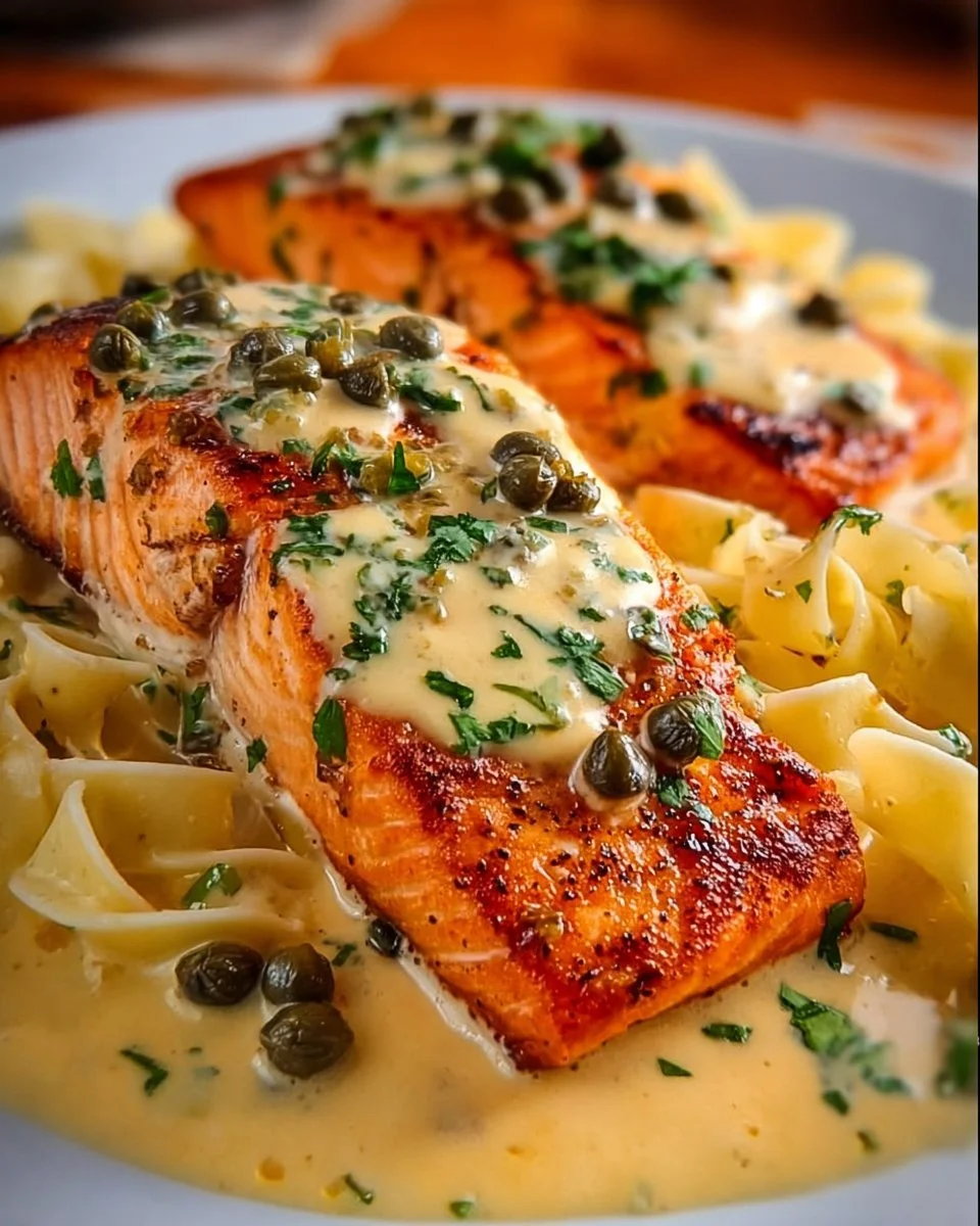 Creamy salmon piccata featuring lemon and capers on a white plate