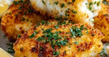 Crispy air fryer parmesan cod served with lemon and herbs.