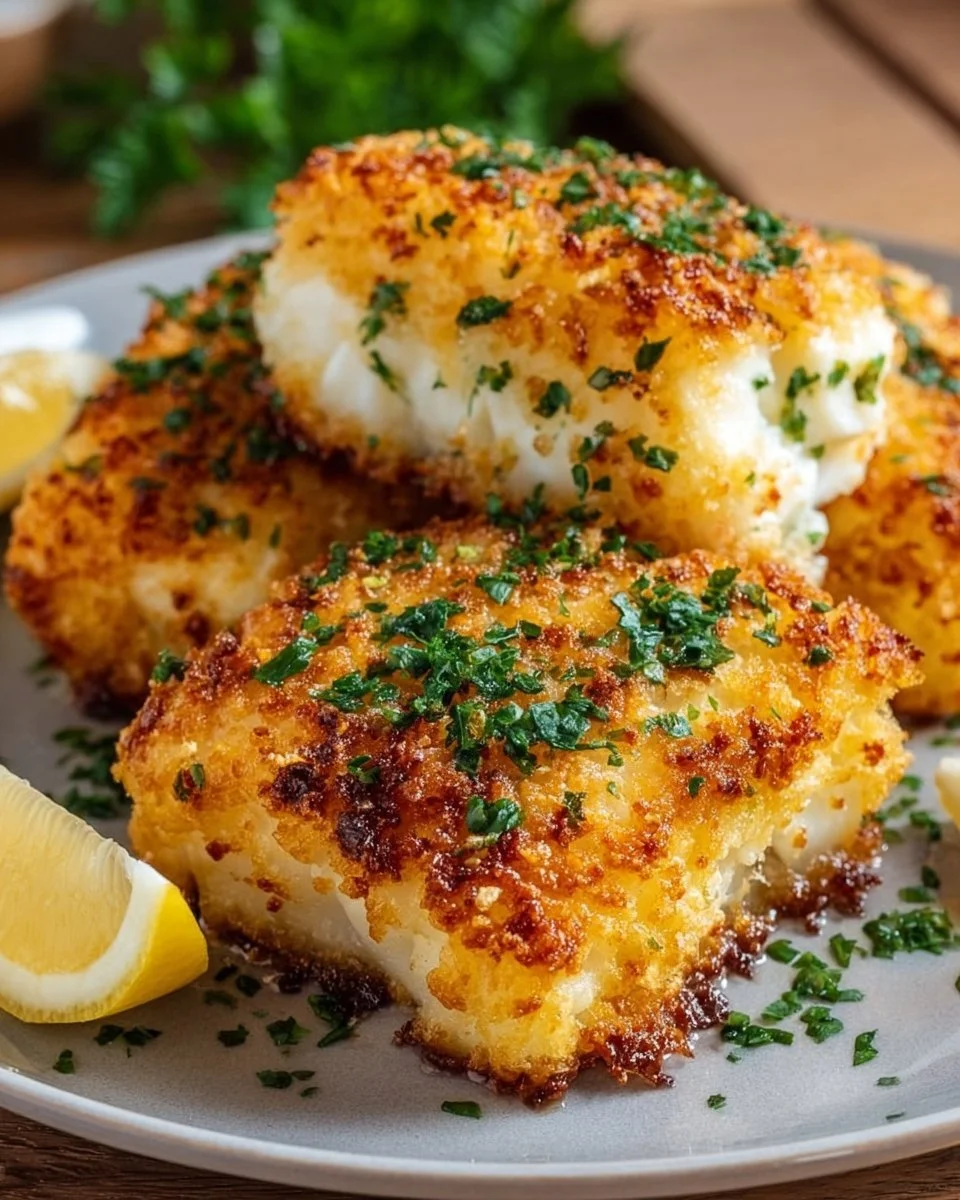 Crispy air fryer parmesan cod served with lemon and herbs.
