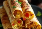 Delicious crispy breakfast taquitos filled with eggs and cheese