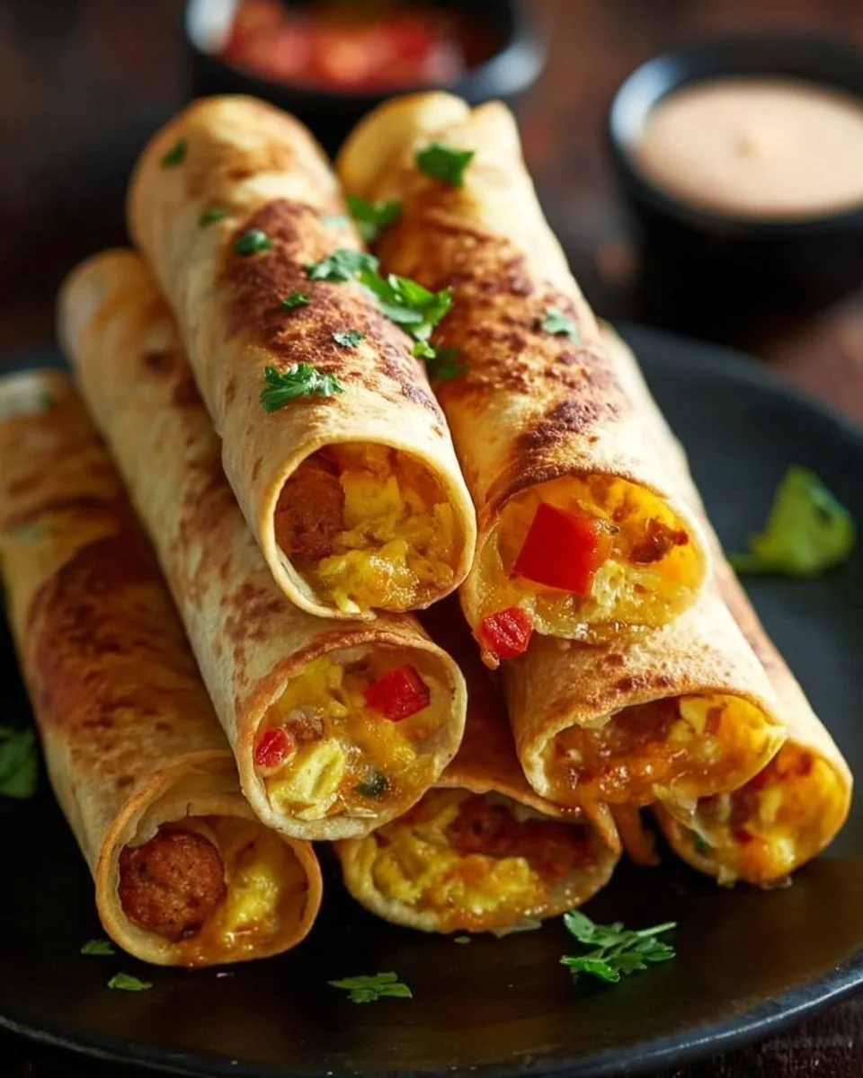 Delicious crispy breakfast taquitos filled with eggs and cheese