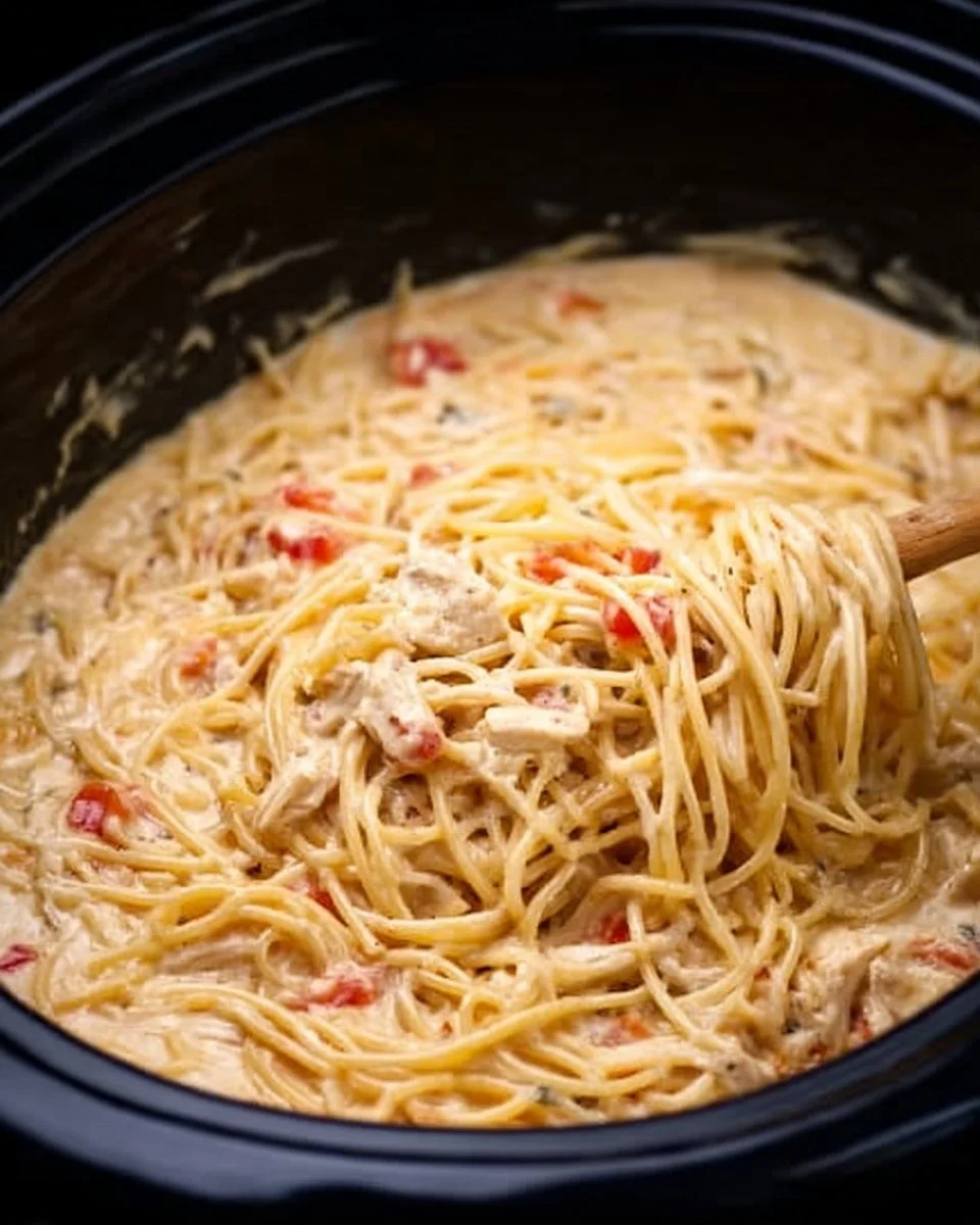 Delicious Crock Pot Cheesy Chicken Spaghetti served in a bowl