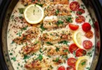 Crockpot Creamy Garlic Parmesan Chicken served with herbs and garnishes