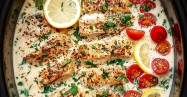 Crockpot Creamy Garlic Parmesan Chicken served with herbs and garnishes