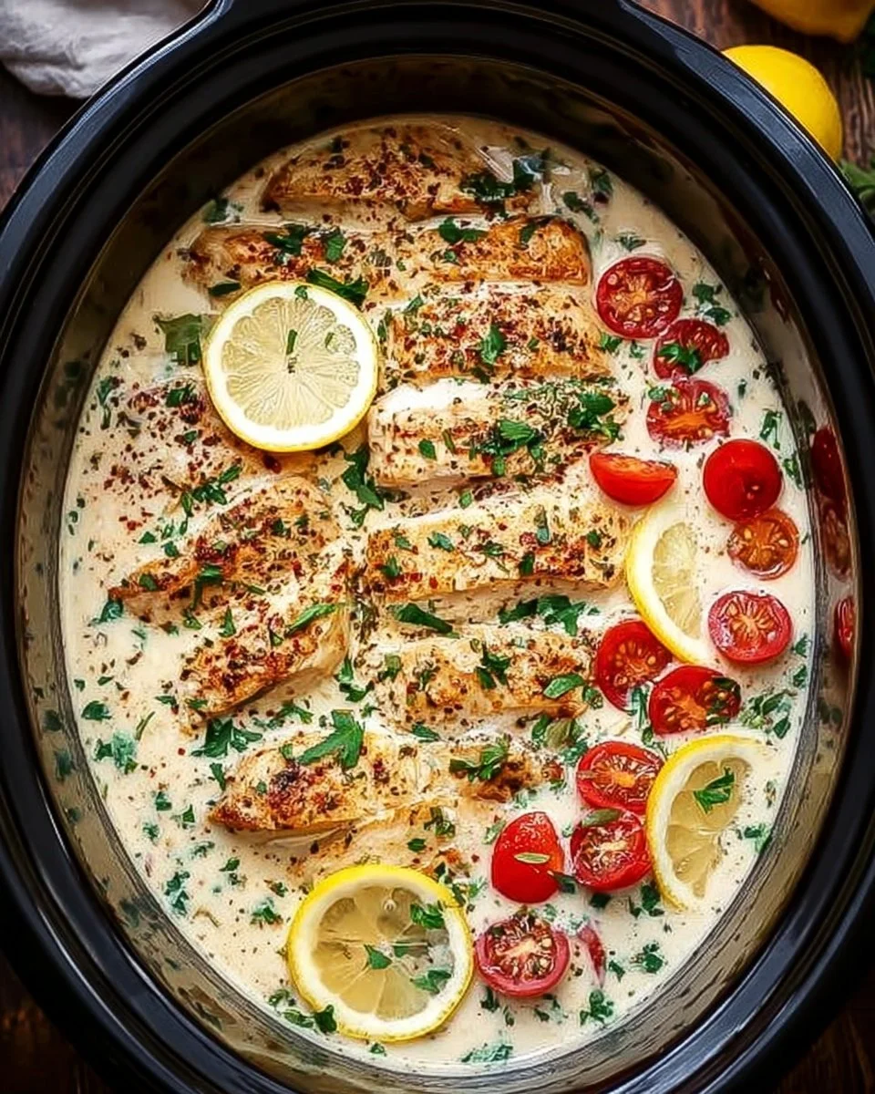 Crockpot Creamy Garlic Parmesan Chicken served with herbs and garnishes