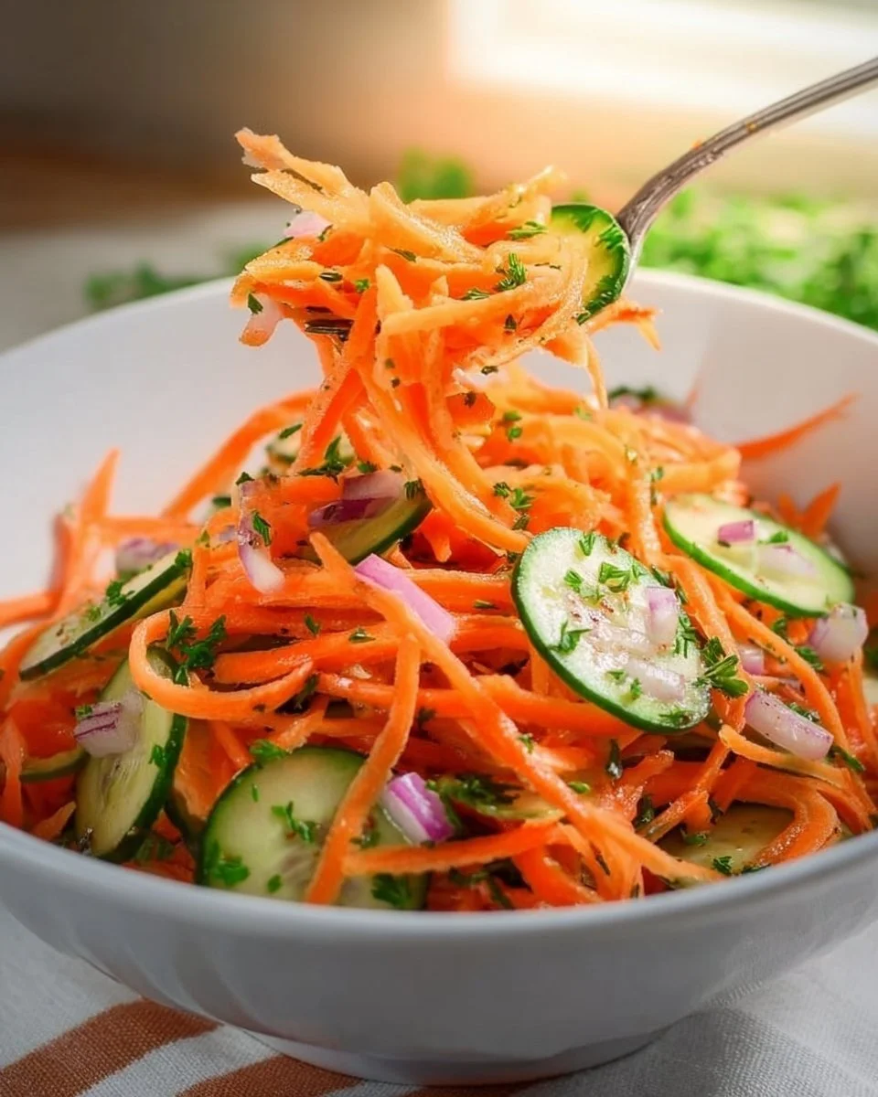 Delicious Cucumber Carrot Salad with colorful veggies and dressing