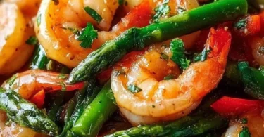 Healthy shrimp asparagus stir fry served in a bowl with vibrant colors