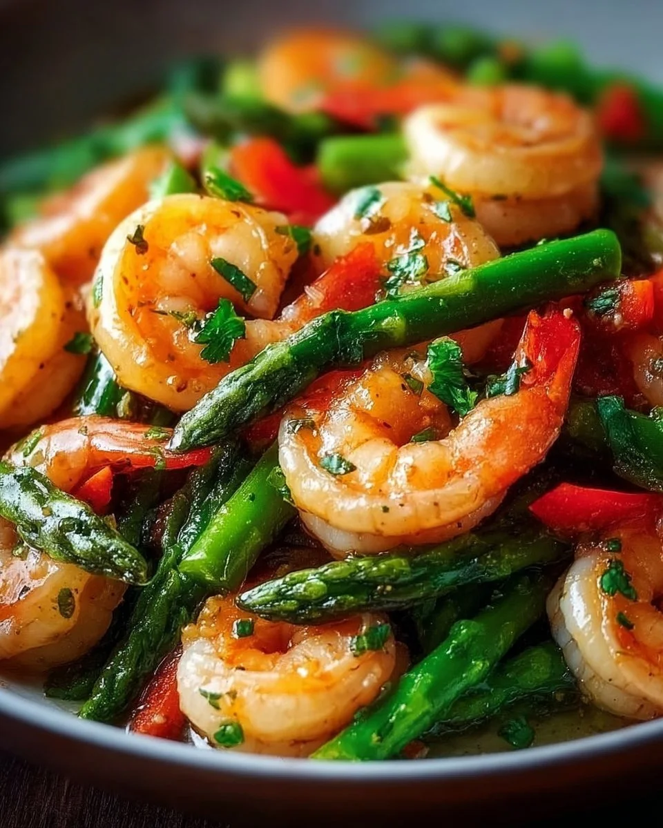 Healthy shrimp asparagus stir fry served in a bowl with vibrant colors
