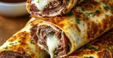 Delicious French Dip Tortilla Roll Ups served with dipping sauce