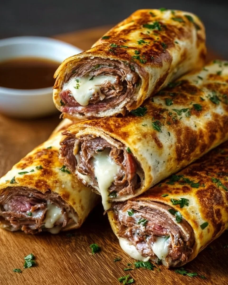 Delicious French Dip Tortilla Roll Ups served with dipping sauce