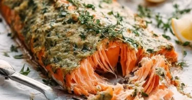 Delicious Dijon Baked Salmon on a plate with a lemon garnish