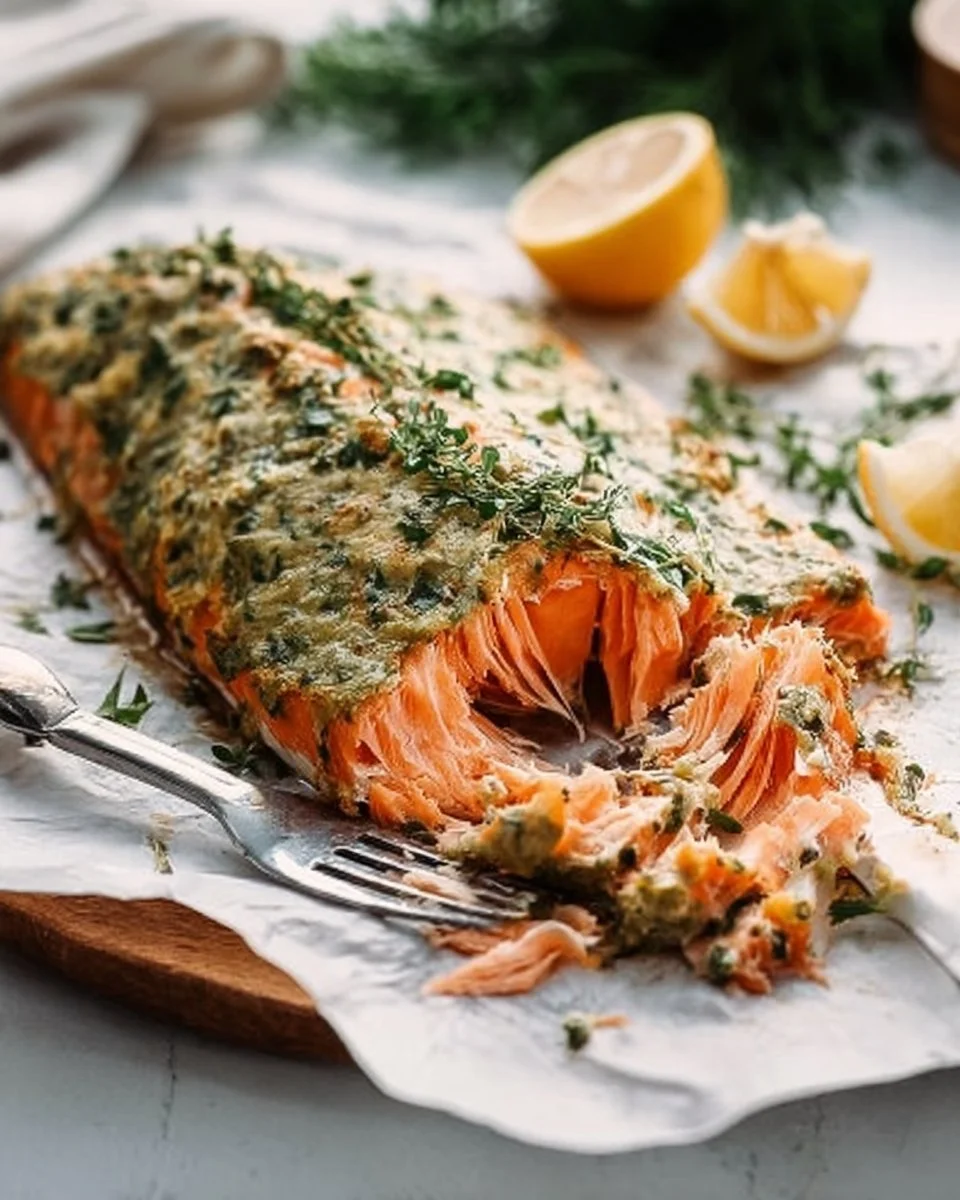 Delicious Dijon Baked Salmon on a plate with a lemon garnish