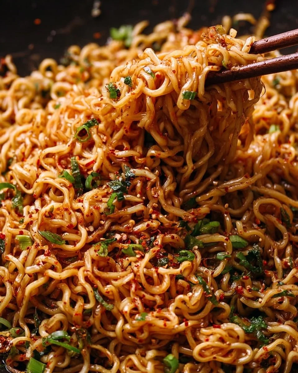 Bowl of easy garlic chili oil noodles garnished with fresh herbs