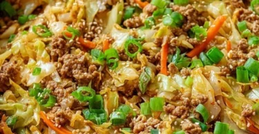 Healthy Egg Roll in a Bowl with fresh vegetables and savory sauce