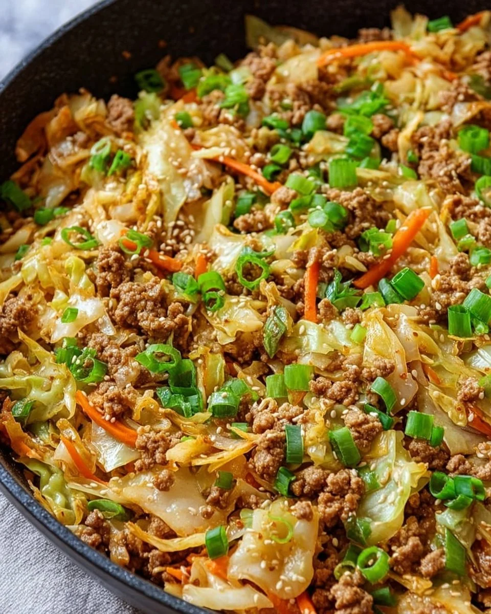 Healthy Egg Roll in a Bowl with fresh vegetables and savory sauce