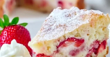 Delicious French strawberry cake topped with fresh strawberries and whipped cream