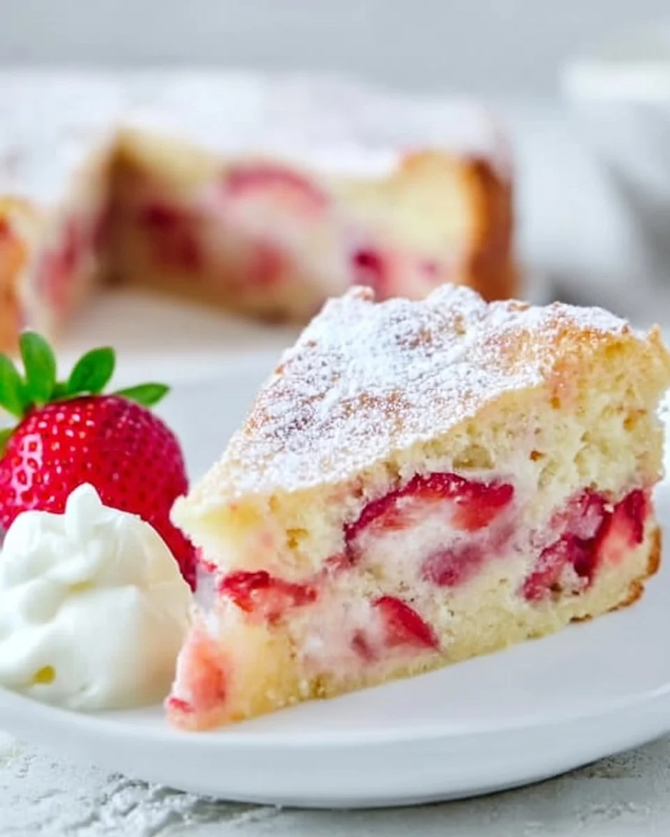 Delicious French strawberry cake topped with fresh strawberries and whipped cream