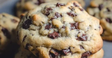 Freshly baked giant chocolate chip cookies on a cooling rack
