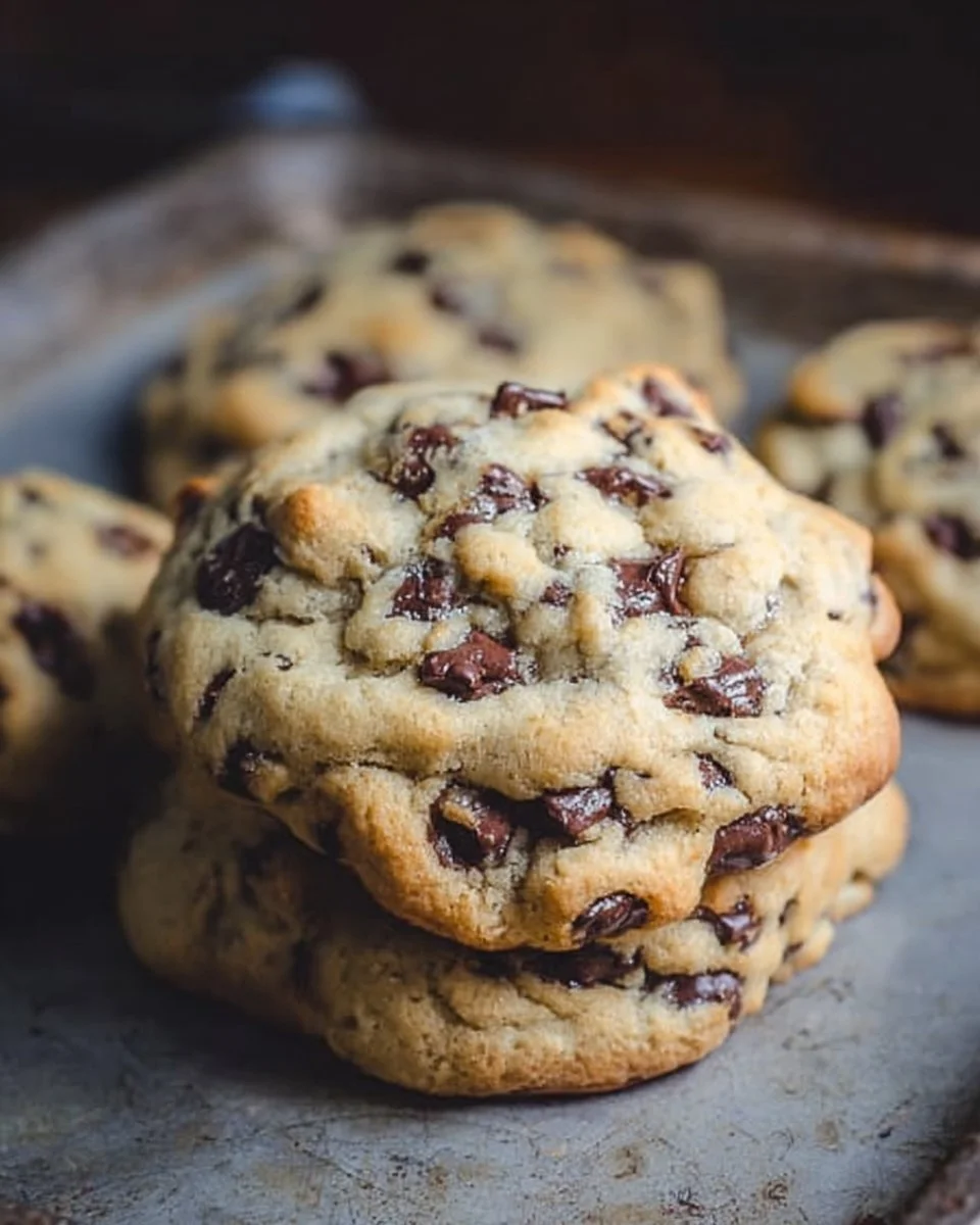 Freshly baked giant chocolate chip cookies on a cooling rack