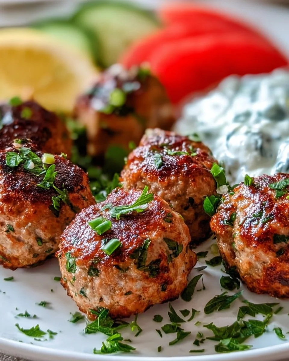 Greek Turkey Meatballs served with Tzatziki sauce on a plate
