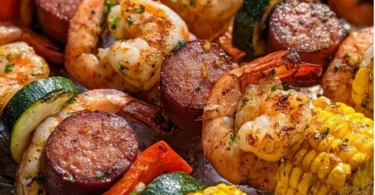 Delicious grilled seafood skewers with shrimp and vegetables on a barbecue grill.