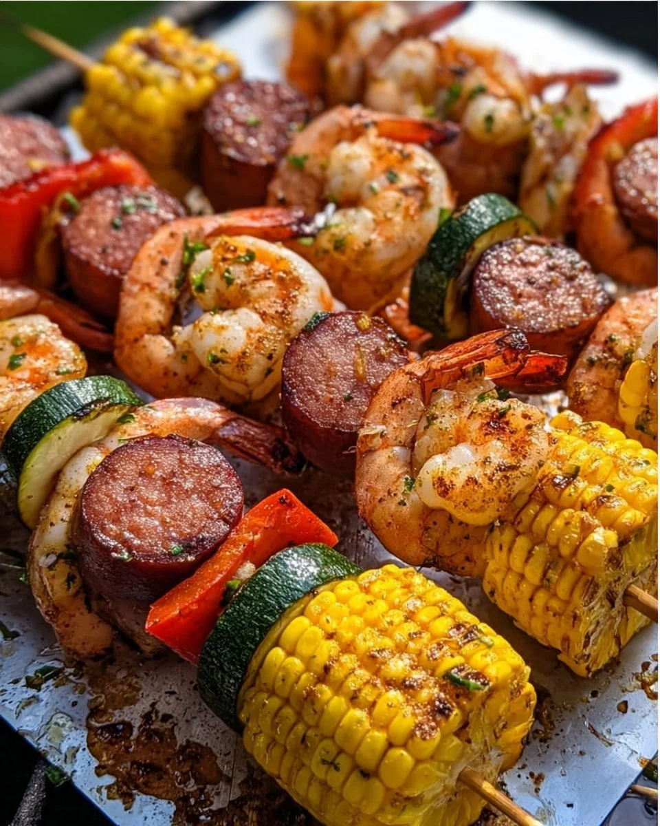 Delicious grilled seafood skewers with shrimp and vegetables on a barbecue grill.