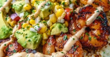 Grilled shrimp bowl with avocado corn salsa on a white plate