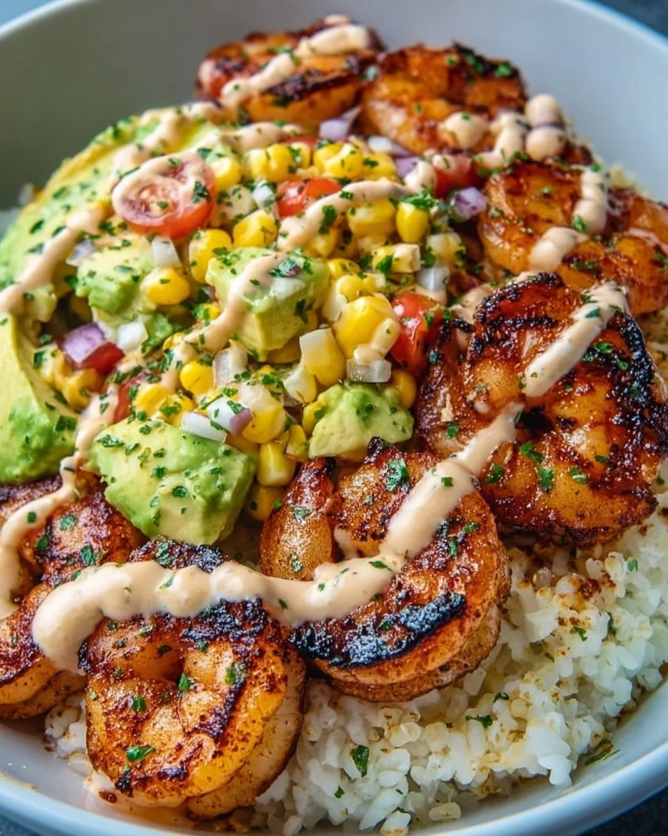 Grilled shrimp bowl with avocado corn salsa on a white plate