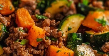 Ground beef zucchini sweet potato skillet ready to serve.