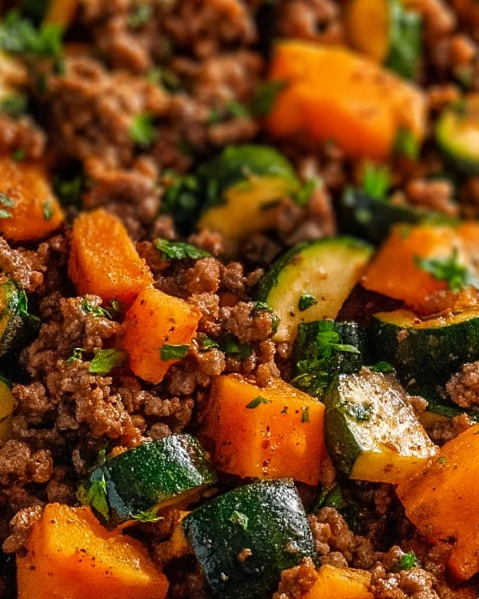 Ground beef zucchini sweet potato skillet ready to serve.