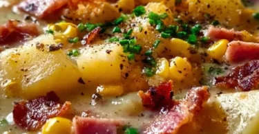 Bowl of delicious Ham and Potato Corn Chowder topped with fresh herbs