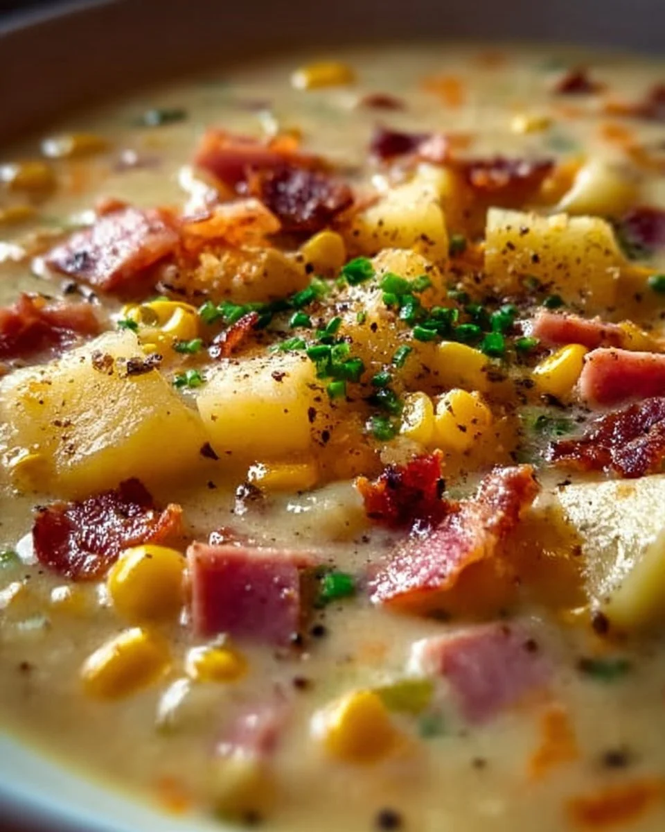 Bowl of delicious Ham and Potato Corn Chowder topped with fresh herbs