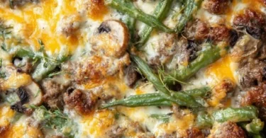 Delicious Hamburger Green Bean Casserole served in a baking dish