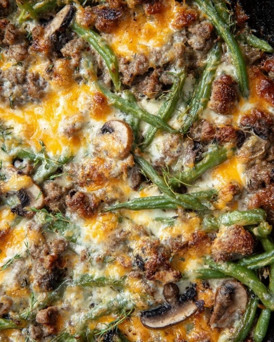 Delicious Hamburger Green Bean Casserole served in a baking dish