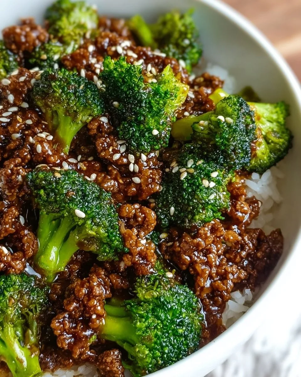 Delicious hamburger meat stir-fried with fresh broccoli in a skillet