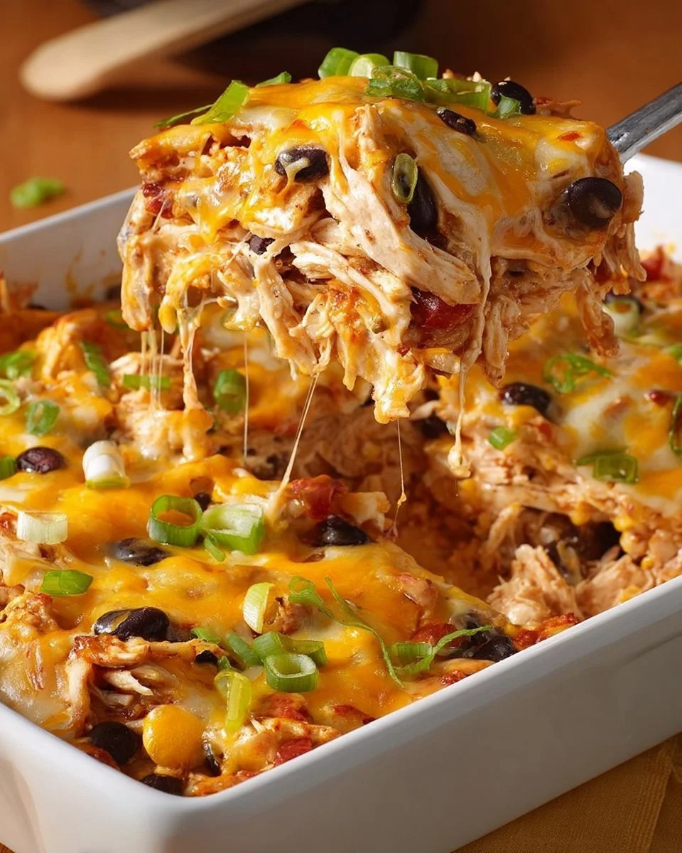 Healthy chicken taco casserole topped with fresh ingredients and cheese.