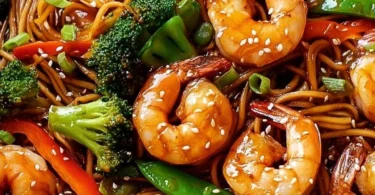 High-protein shrimp stir fry with noodles served in a one-pan dish