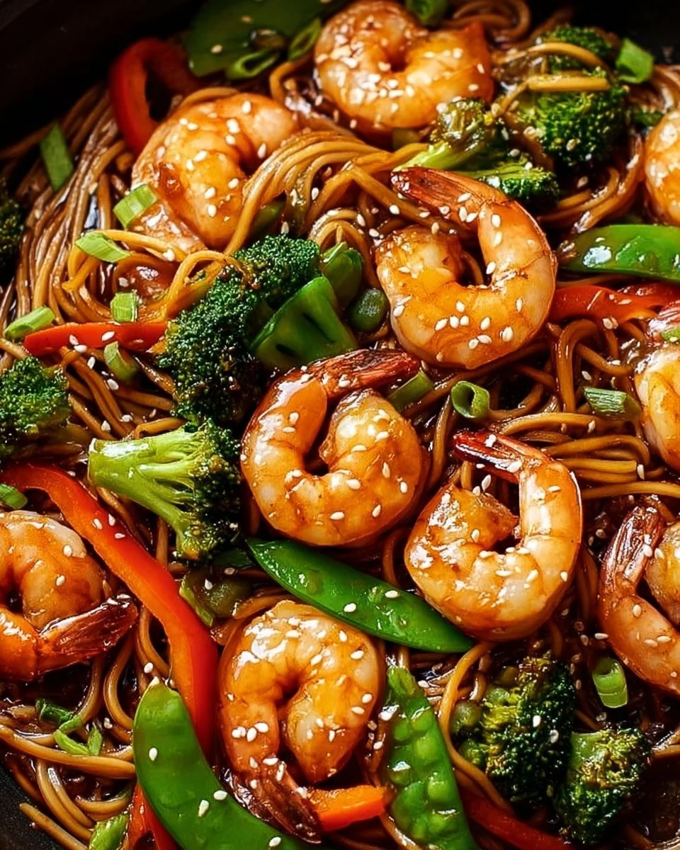 High-protein shrimp stir fry with noodles served in a one-pan dish