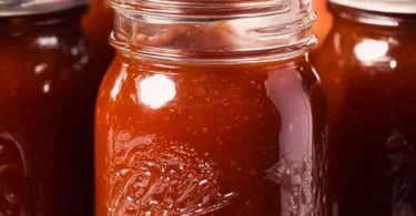 Jar of homemade barbecue sauce with fresh ingredients