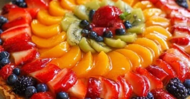 Delicious homemade fruit tart topped with fresh berries and fruits