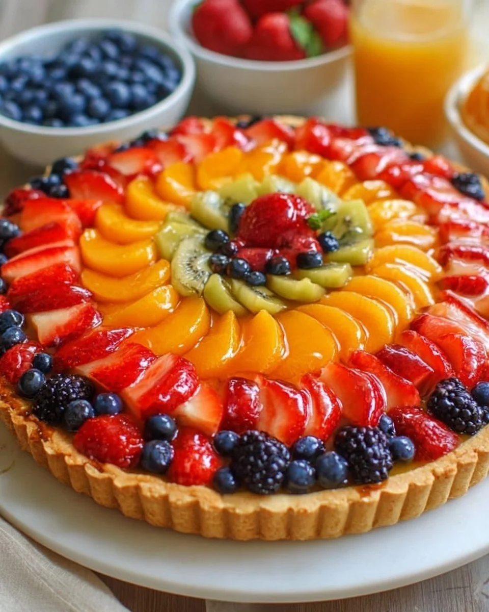 Delicious homemade fruit tart topped with fresh berries and fruits