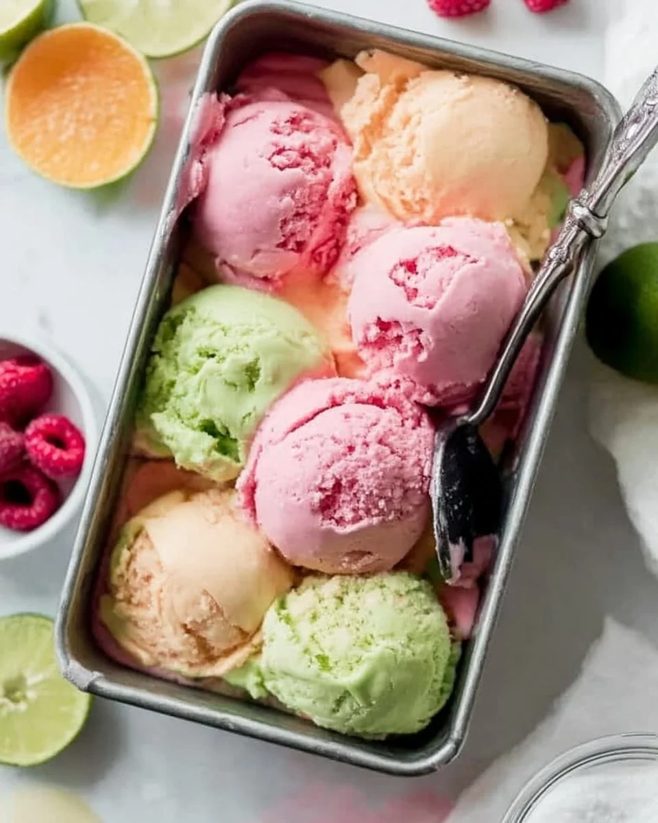 Bowl of colorful homemade rainbow sherbet with vibrant flavors.